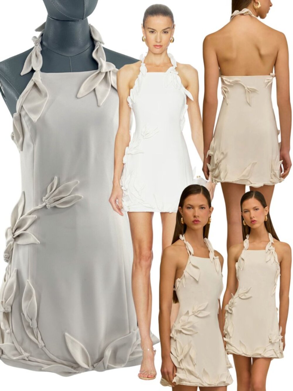 cult gaia Cream Halter Mini Dress with Petal Appliqués